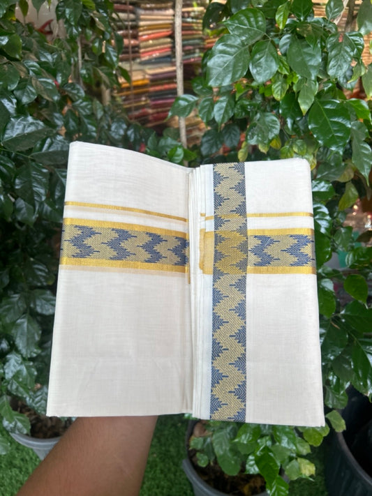 25% Discount ! Kaitharikada Handloom Unakkupaav Balaramapuram - 100% PURE Cotton OFF WHITE - (Unbleached) Double Mundu/Dhoti - 100x80 - 1.75 inch Gold Kasav & Peacock Green Jacquard Design Kara 4 mtr (8.5 Muzham) - 8 KK5301 ABH