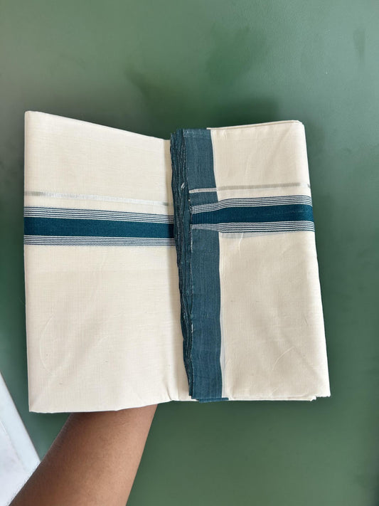 Double Off White (Unbleached) Mundu/Dhoti- 25% Discount! KaithariKada Handloom Unakkupaav - 100% Pure Cotton - 100x80 - 1 inch Dark Green Silver Kasav Pure Jerry Striped Kara 3.80 meter (8 muzham) - 60 KK5436 REA