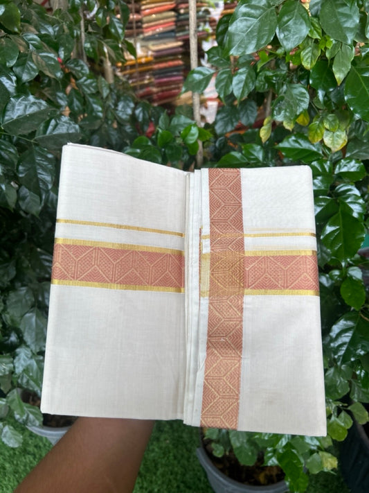 25% Discount ! Kaitharikada Handloom Unakkupaav Balaramapuram - 100% PURE Cotton OFF WHITE - (Unbleached) Double Mundu/Dhoti - 100x80 - 1.75 inch Gold Kasav & Peach Brown Jacquard Design Kara 4 mtr (8.5 Muzham) - 13 KK5301 ABH