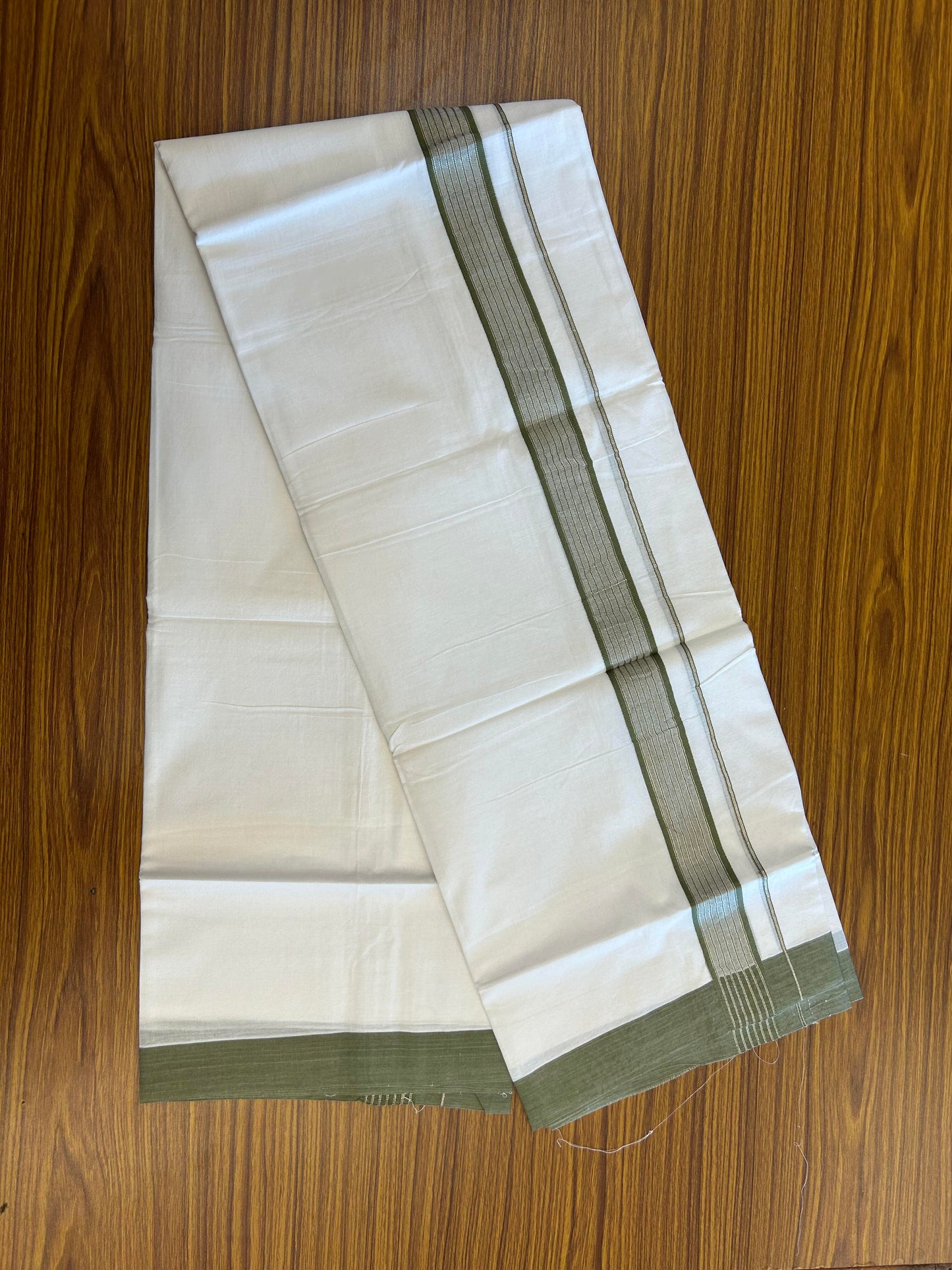 20% Discount ! KaithariKada Balaramapuram 100% Cotton Double Pure White Mundu/Dhoti - 100X80 - 1.25 inch Silver Kasav & Pista Green Shaded Stripes kara 4.00 mtr (8.5 muzham) - 18 KK5361 PMC
