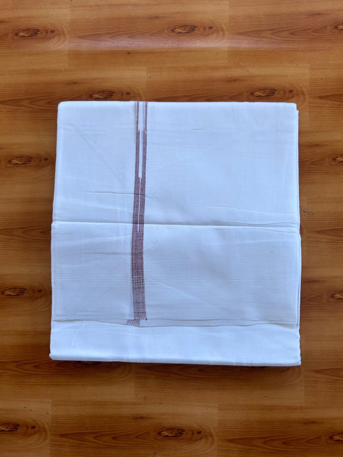Double Pure White Mundu/Dhoti - 20% Discount !! KaithariKada Balaramapuram 100% Cotton - 100x80 - 0.5 inch Maroon Striped Chutty Kara 3.75 mtr (8 muzham) - 6 KK5515 CKS