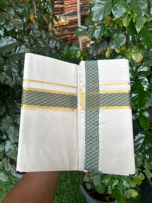 25% Discount ! Kaitharikada Handloom Unakkupaav Balaramapuram - 100% PURE Cotton OFF WHITE - (Unbleached) Double Mundu/Dhoti - 100x80 - 1.75 inch Gold Kasav & Peacock Green Jacquard Design Kara 4 mtr (8.5 Muzham) - 12 KK5301 ABH