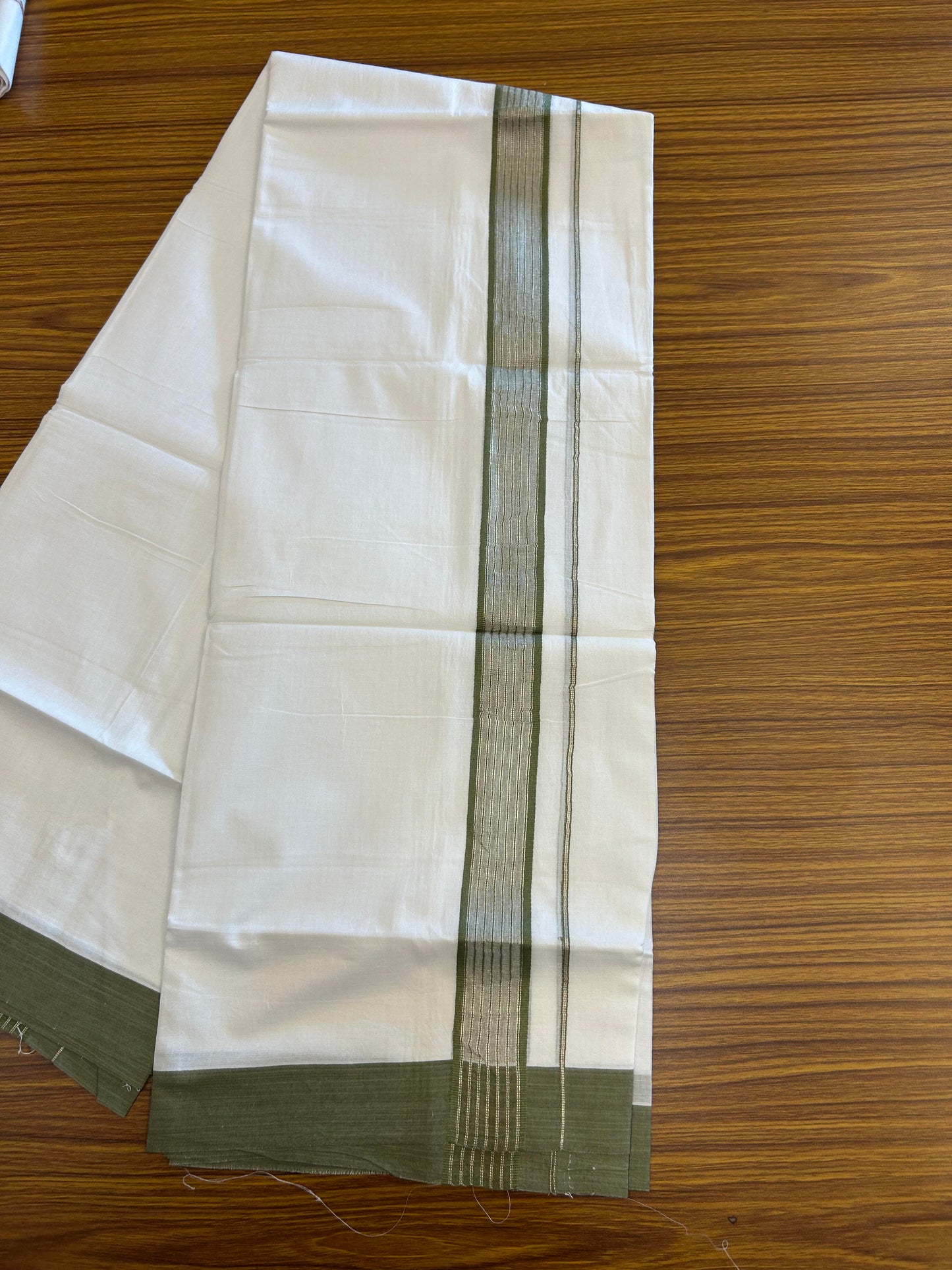 20% Discount ! KaithariKada Balaramapuram 100% Cotton Double Pure White Mundu/Dhoti - 100X80 - 1.25 inch Silver Kasav & Pista Green Shaded Stripes kara 4.00 mtr (8.5 muzham) - 18 KK5361 PMC