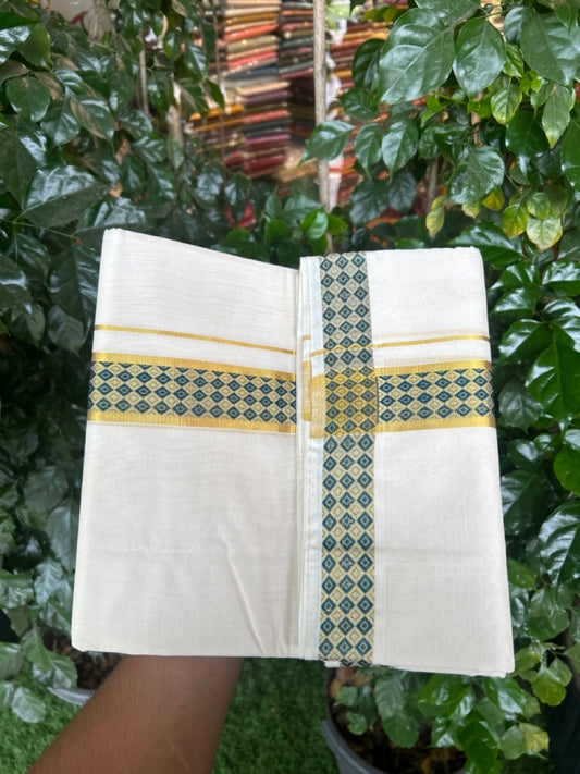 25% Discount ! Kaitharikada Handloom Unakkupaav Balaramapuram - 100% PURE Cotton OFF WHITE - (Unbleached) Double Mundu/Dhoti - 100x80 - 1.75 inch Gold Kasav & Peacock Green Jacquard Design Kara 4 mtr (8.5 Muzham) - 11 KK5301 ABH