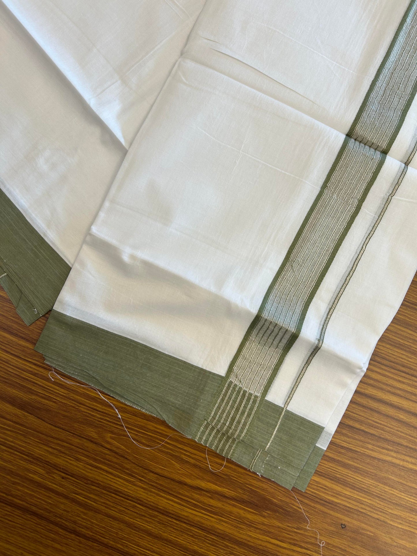 20% Discount ! KaithariKada Balaramapuram 100% Cotton Double Pure White Mundu/Dhoti - 100X80 - 1.25 inch Silver Kasav & Pista Green Shaded Stripes kara 4.00 mtr (8.5 muzham) - 18 KK5361 PMC