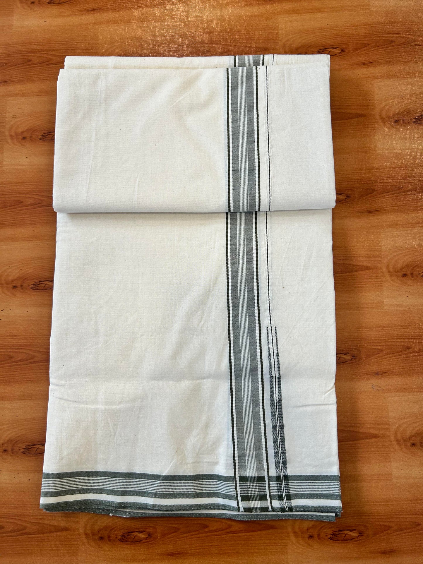 Single Dhoti / Mund Off white - 20% Discount ! KaithariKada 100% Cotton - (Unbleached) -Twisted 100s Thread- 1 inch Puliyilakkara Sage Green Striped Chutty Kara (2 meter / 4 muzham)  - 9 KK5450 ASH