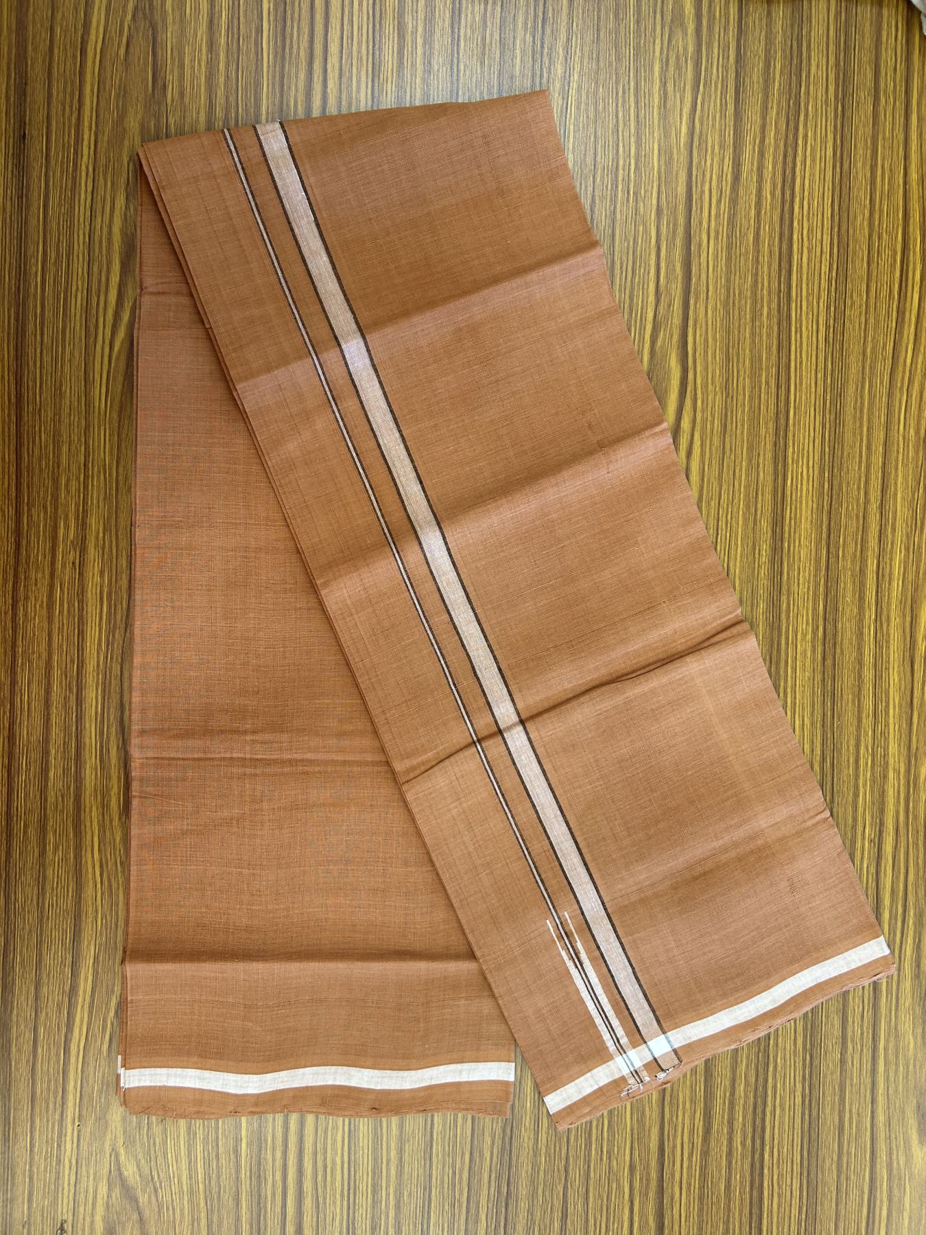 Kerala Handloom Single Hallmarked - 10% Discount !! KaithariKada 100% Pure Cotton - Mundu/Dhoti 1.5 cm Puliyilakkara Black & White Shaded Chutty Kara with Kavi colour Body - (2 meter / 4 muzham) - 9 KK8048 ELA