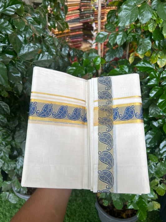25% Discount ! Kaitharikada Handloom Unakkupaav Balaramapuram - 100% PURE Cotton OFF WHITE - (Unbleached) Double Mundu/Dhoti - 100x80 - 1.75 inch Gold Kasav & Blue Jacquard Design Kara 4 mtr (8.5 Muzham) - 18 KK5301 ABH