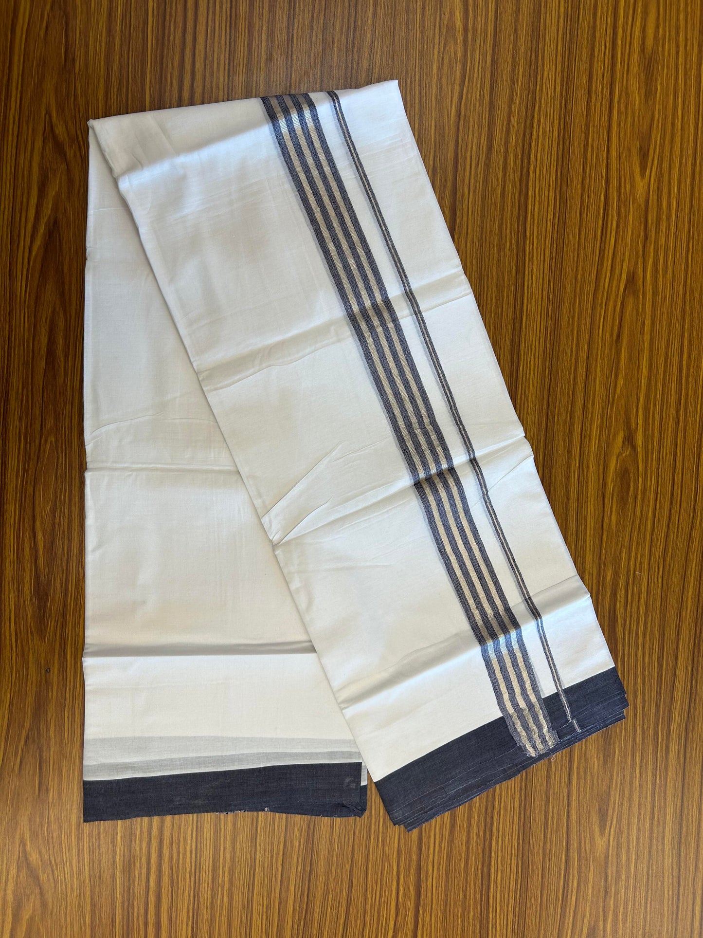 20% Discount ! KaithariKada Balaramapuram 100% Cotton Double Pure White Mundu/Dhoti - 100X80 - 1.5 inch Silver Kasav &Navy Blue Shaded Stripes kara 3.90 mtr (8 muzham) - 16 KK5361 PMC