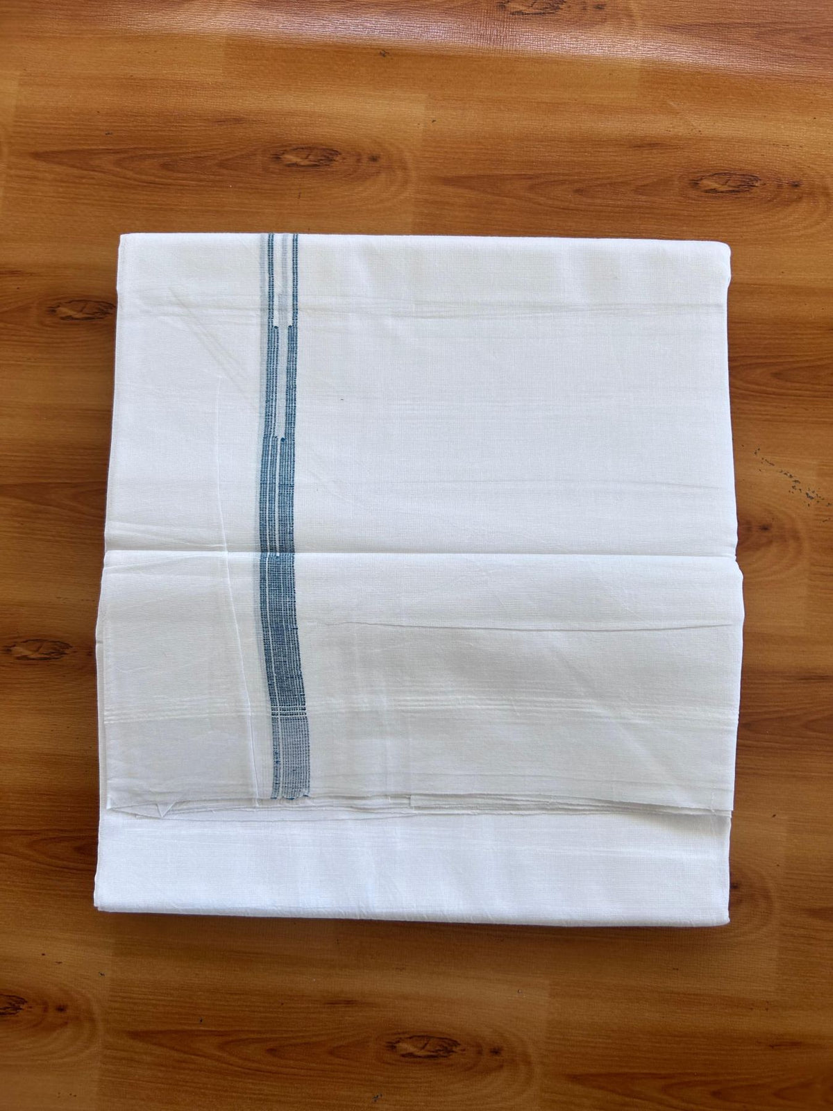 Double Pure White Mundu/Dhoti - 20% Discount !! KaithariKada Balaramapuram 100% Cotton - 100x80 - 0.5 inch Peacock Blue Striped Chutty Kara 3.75 mtr (8 muzham) - 7 KK5515 CKS