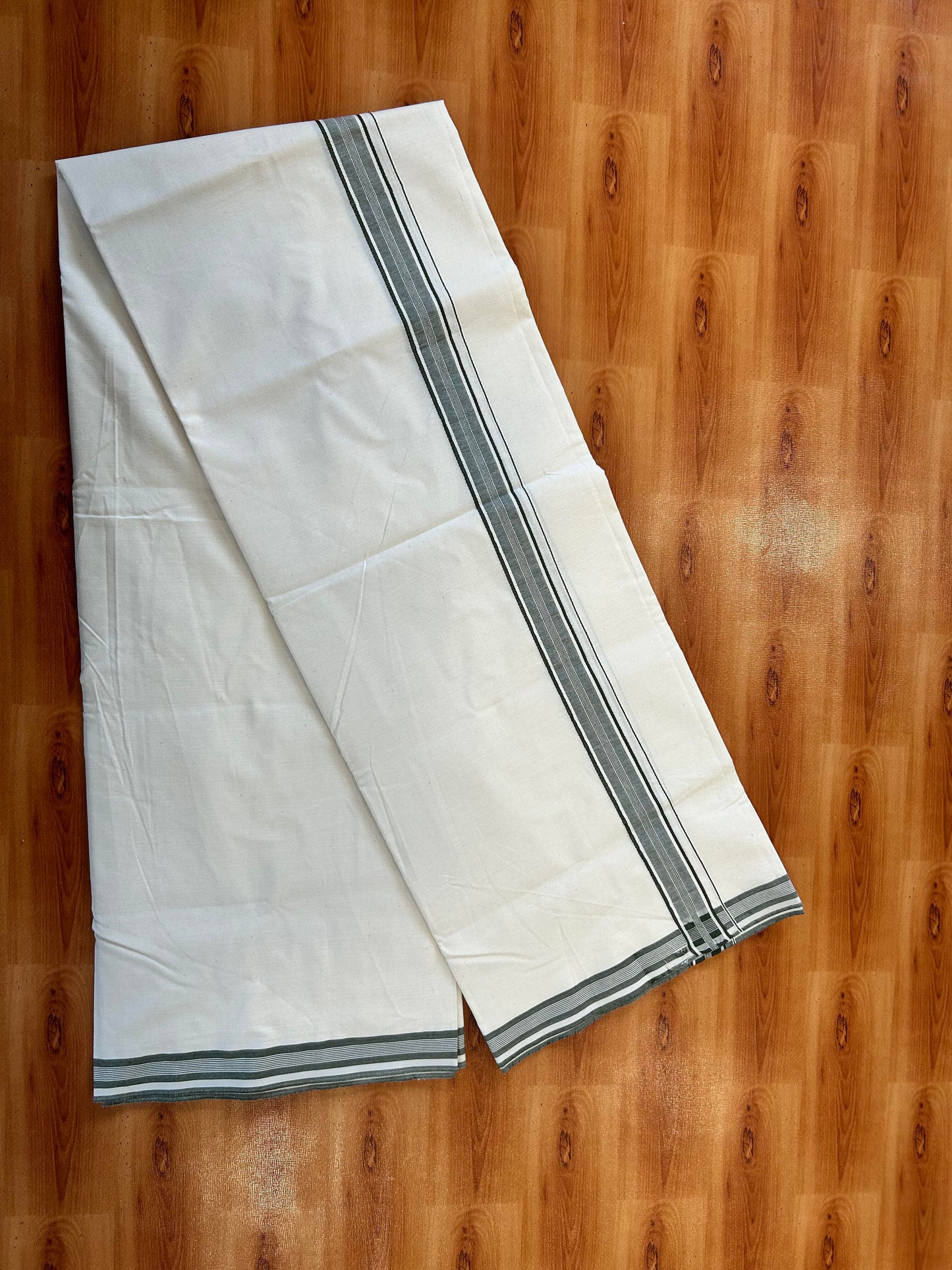Single Dhoti / Mund Off white - 20% Discount ! KaithariKada 100% Cotton - (Unbleached) -Twisted 100s Thread- 1 inch Sage Green Striped Kara (2 meter / 4 muzham)  - 10 KK5450 ASH