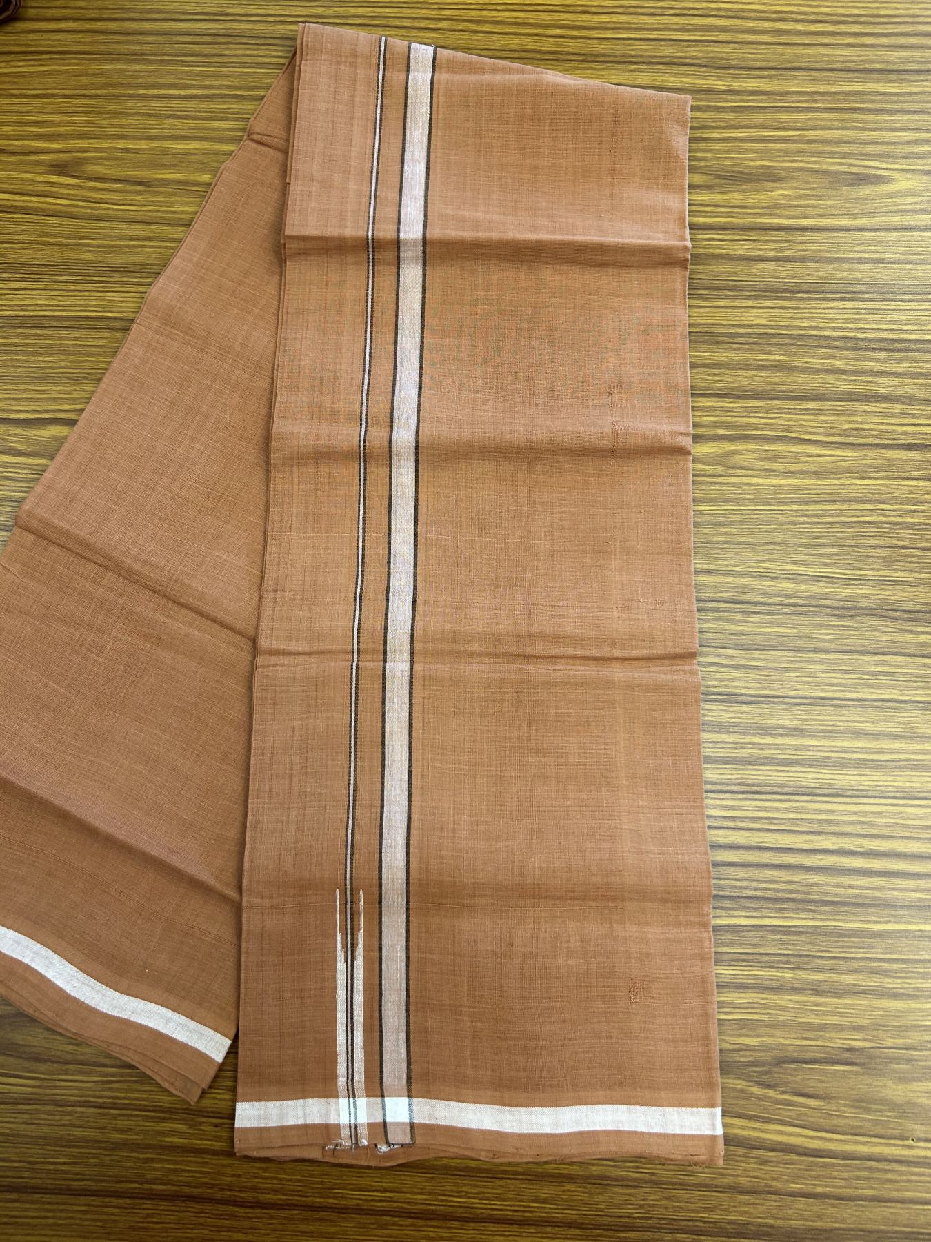 Kerala Handloom Single Hallmarked - 10% Discount !! KaithariKada 100% Pure Cotton - Mundu/Dhoti 1.5 cm Puliyilakkara Black & White Shaded Chutty Kara with Kavi colour Body - (2 meter / 4 muzham) - 9 KK8048 ELA