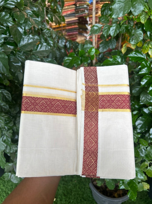25% Discount ! Kaitharikada Handloom Unakkupaav Balaramapuram - 100% PURE Cotton OFF WHITE - (Unbleached) Double Mundu/Dhoti - 100x80 - 1.75 inch Gold Kasav & Maroon Jacquard Design Kara 4 mtr (8.5 Muzham) - 16 KK5301 ABH