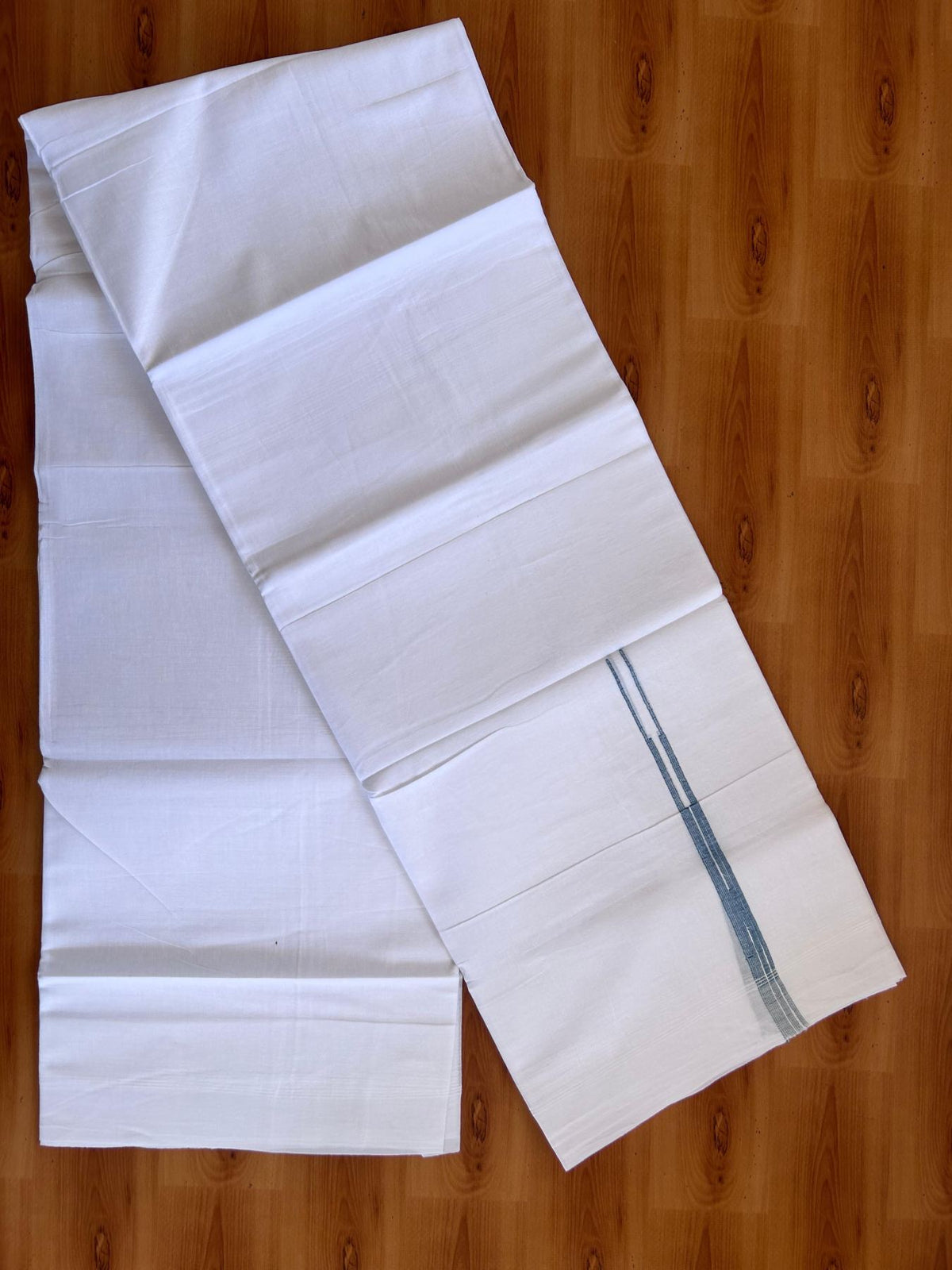 Double Pure White Mundu/Dhoti - 20% Discount !! KaithariKada Balaramapuram 100% Cotton - 100x80 - 0.5 inch Peacock Blue Striped Chutty Kara 3.75 mtr (8 muzham) - 7 KK5515 CKS