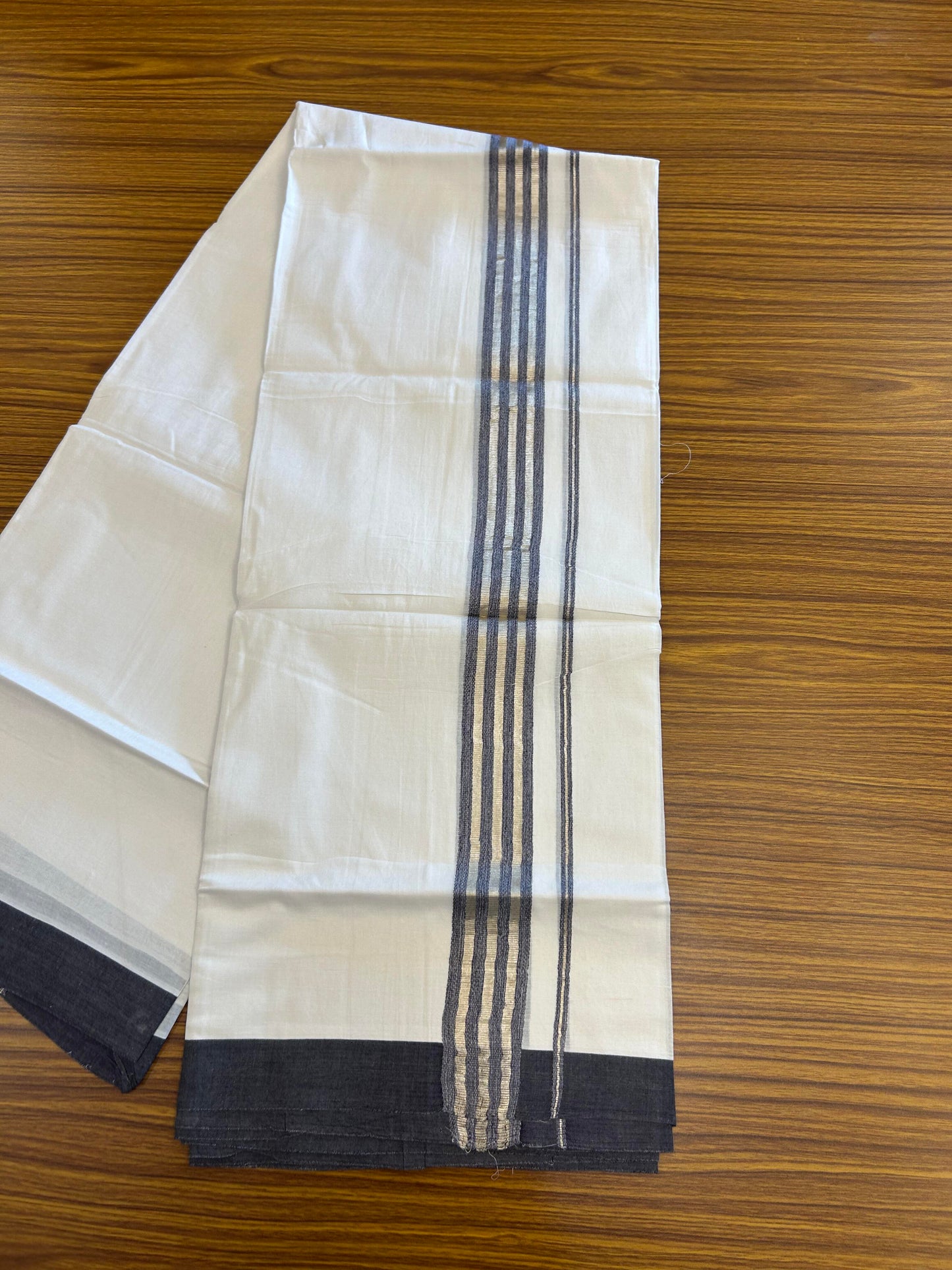20% Discount ! KaithariKada Balaramapuram 100% Cotton Double Pure White Mundu/Dhoti - 100X80 - 1.5 inch Silver Kasav &Navy Blue Shaded Stripes kara 3.90 mtr (8 muzham) - 16 KK5361 PMC