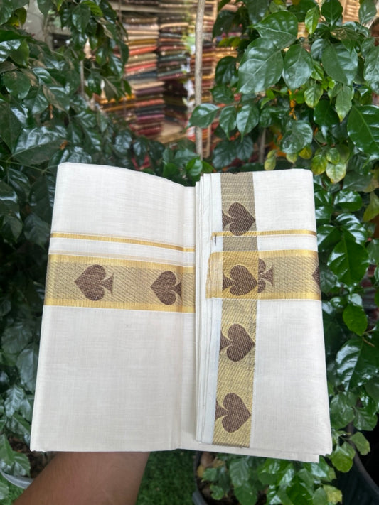 25% Discount ! Kaitharikada Handloom Unakkupaav Balaramapuram - 100% PURE Cotton OFF WHITE - (Unbleached) Double Mundu/Dhoti - 100x80 - 1.75 inch Gold Kasav & Brown Jacquard Design Kara 4 mtr (8.5 Muzham) - 14 KK5301 ABH