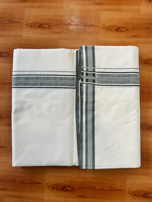 Single Dhoti / Mund Off white - 20% Discount ! KaithariKada 100% Cotton - (Unbleached) -Twisted 100s Thread- 1 inch Sage Green Striped Kara (2 meter / 4 muzham)  - 10 KK5450 ASH