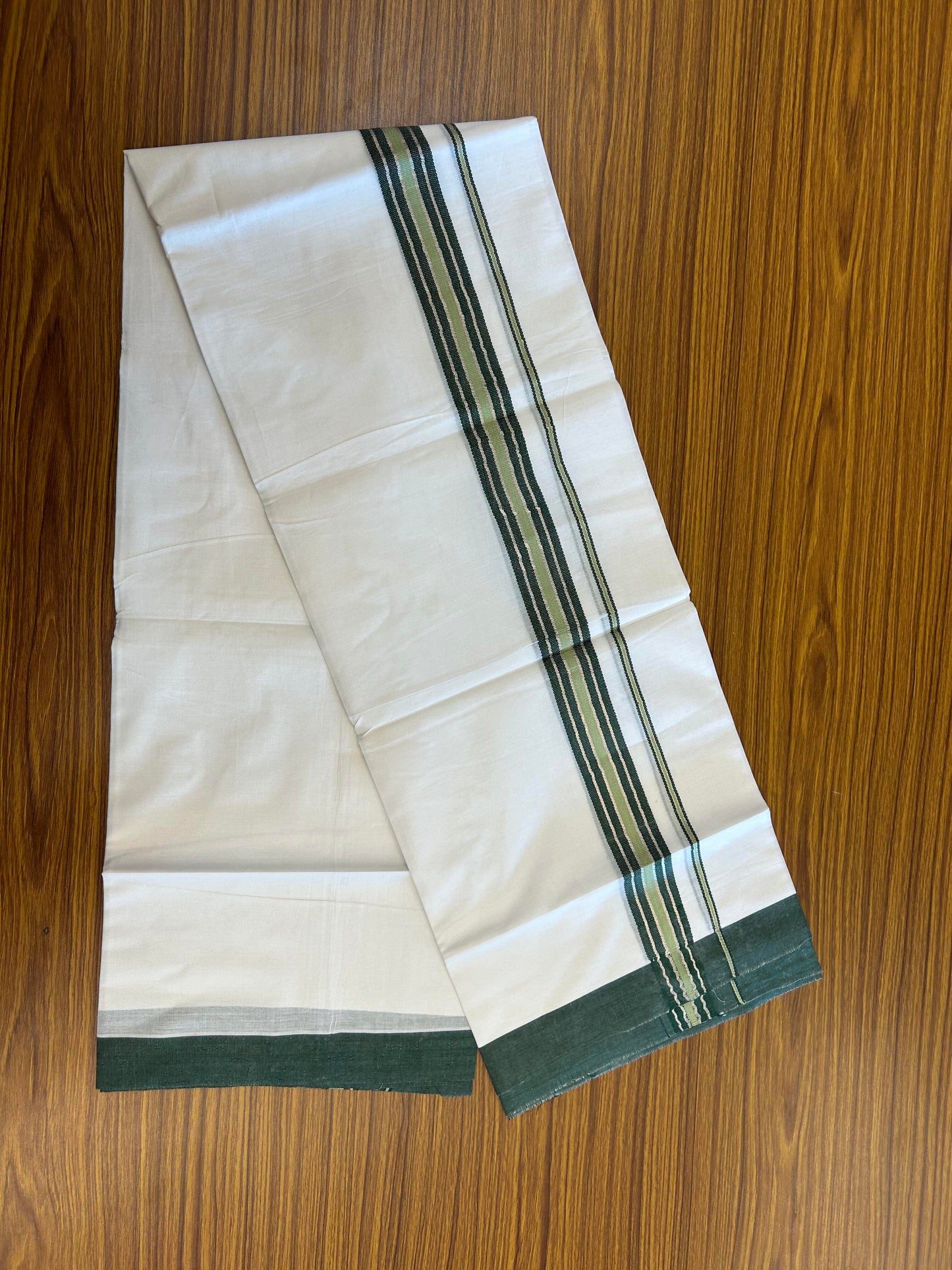 20% Discount ! KaithariKada Balaramapuram 100% Cotton Double Pure White Mundu/Dhoti - 100X80 - 2.25 inch Silver Kasav Green & Pista Green Stripes kara 3.90 mtr (8 muzham) - 12 KK5361 PMC