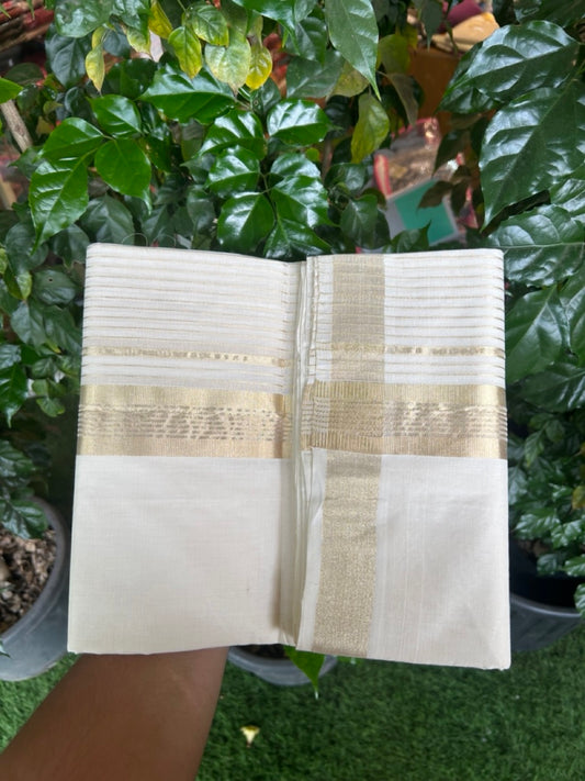25% Discount ! Kaitharikada Handloom Unakkupaav Balaramapuram - 100% Pure Cotton Off White - (Unbleached) Double Mundu/Dhoti - 100x80 - 7 inch Light Gold Kasav Half Striped Kara 4 mtr (8.5 Muzham) - 27 KK5301 ABH