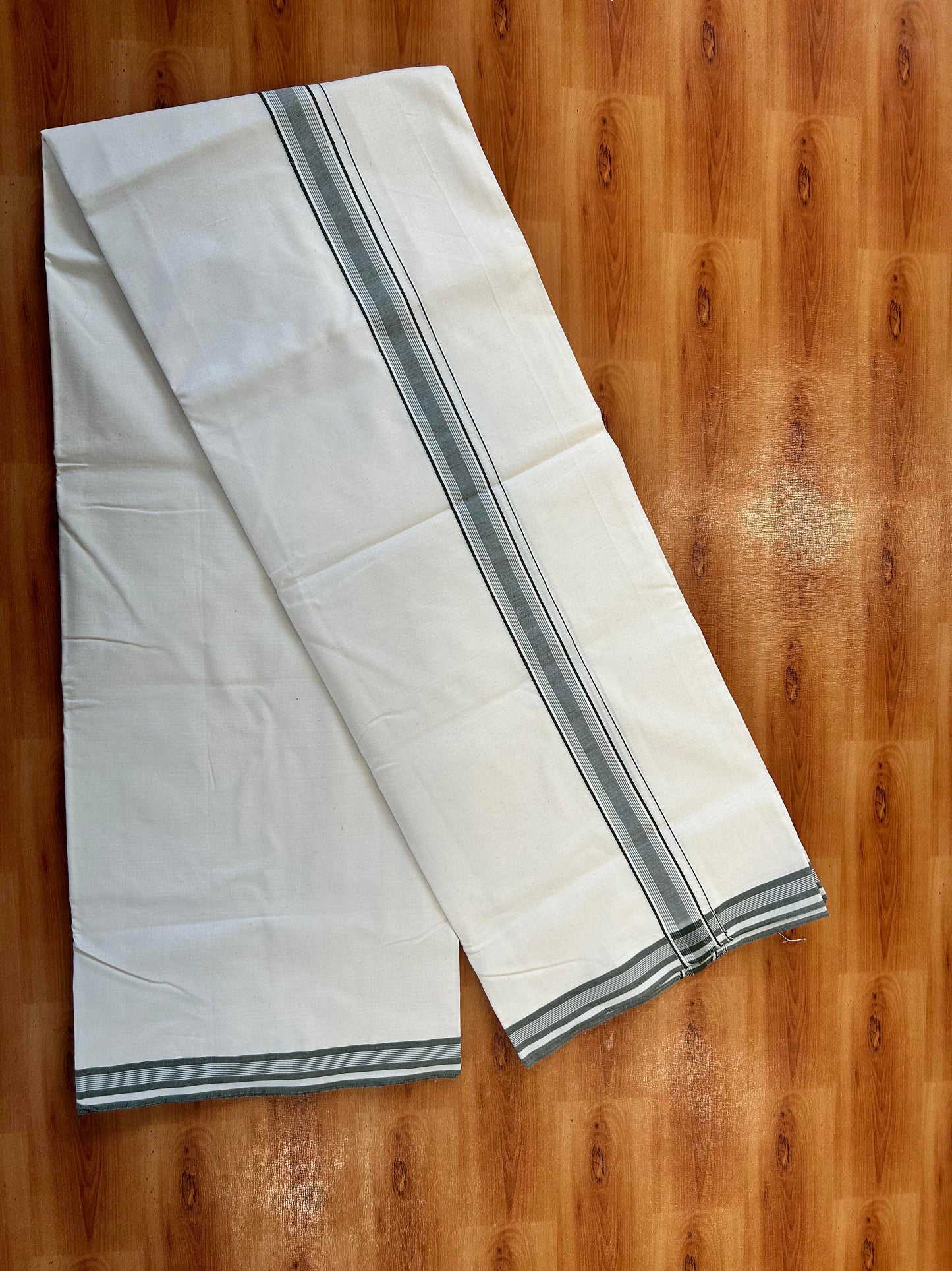 Single Dhoti / Mund Off white - 20% Discount ! KaithariKada 100% Cotton - (Unbleached) -Twisted 100s Thread- 1 inch Sage Green Striped Kara (2 meter / 4 muzham)  - 11 KK5450 ASH
