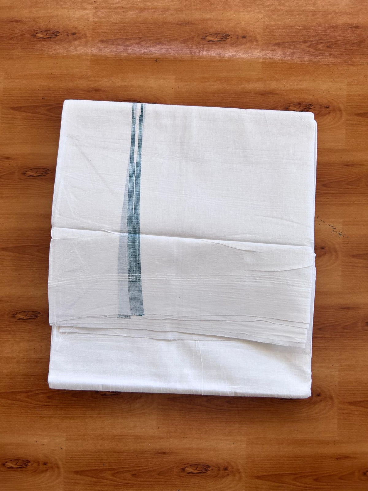 Double Pure White Mundu/Dhoti - 20% Discount !! KaithariKada Balaramapuram 100% Cotton - 100x80 - 0.5 inch Peacock Green Striped Chutty Kara 3.75 mtr (8 muzham) - 8 KK5515 CKS