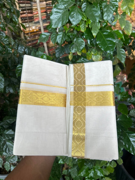 25% Discount ! Kaitharikada Handloom Unakkupaav Balaramapuram - 100% Pure Cotton Off White - (Unbleached) Double Mundu/Dhoti - 100x80 - 1.5 inch Gold Kasav Jacquard Design Kara 4 mtr (8.5 Muzham) - 24 KK5301 ABH