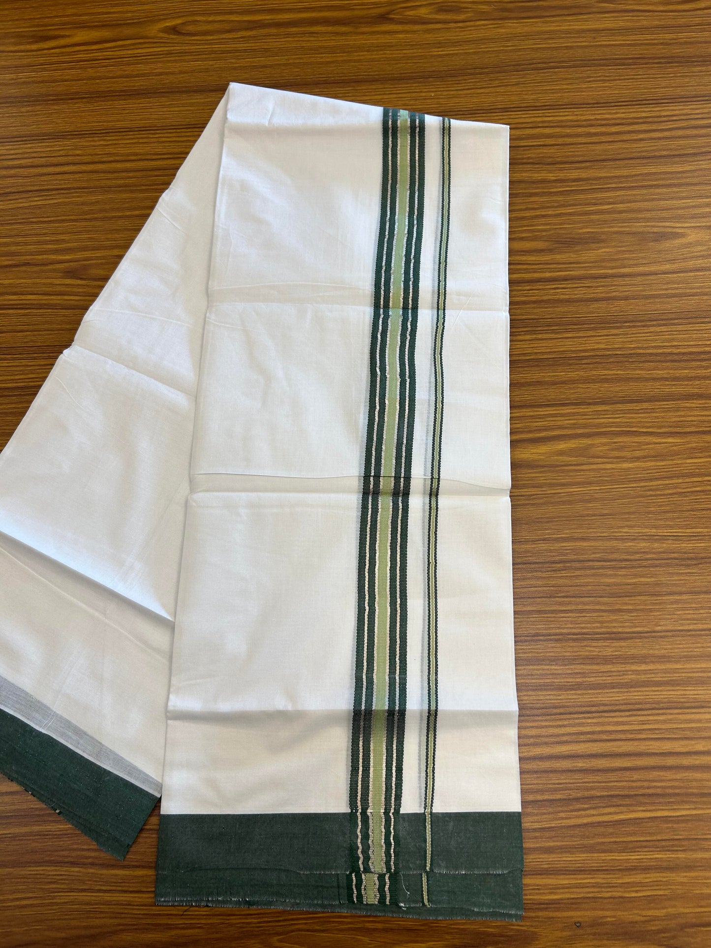 20% Discount ! KaithariKada Balaramapuram 100% Cotton Double Pure White Mundu/Dhoti - 100X80 - 2.25 inch Silver Kasav Green & Pista Green Stripes kara 3.90 mtr (8 muzham) - 12 KK5361 PMC