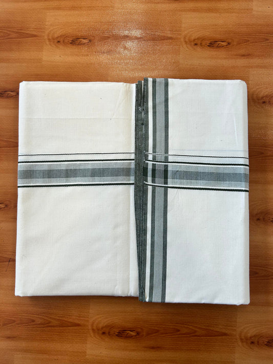 Single Dhoti / Mund Off white - 20% Discount ! KaithariKada 100% Cotton - (Unbleached) -Twisted 100s Thread- 1 inch Sage Green Striped Kara (2 meter / 4 muzham)  - 11 KK5450 ASH