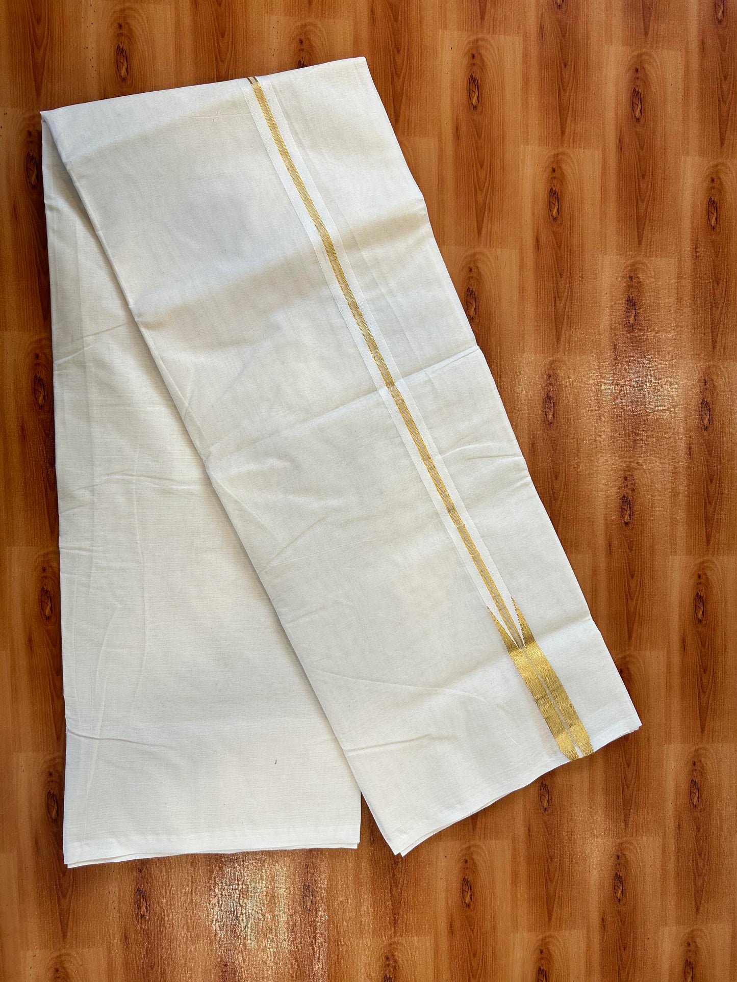 Double Off white Mundu/Dhoti - 20% Discount! KaithariKada - 100% Cotton 100x100 - 1 inch Puliyilakkara Gold Kasav Chutty Kara 4 mtr (8.5 muzham) - 16 KK5450 ASH
