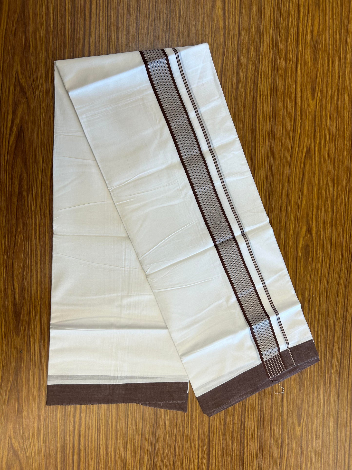 20% Discount ! KaithariKada Balaramapuram 100% Cotton Double Pure White Mundu/Dhoti - 100X80 - 1.25 inch Silver Kasav & Chocolate Brown Shaded Stripes kara 4.00 mtr (8.5 muzham) - 17 KK5361 PMC
