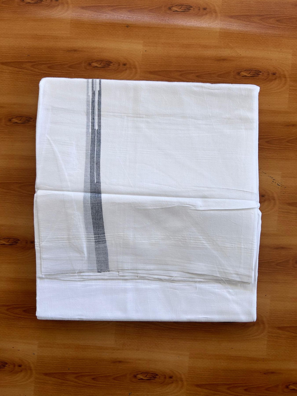 Double Pure White Mundu/Dhoti - 20% Discount !! KaithariKada Balaramapuram 100% Cotton - 100x80 - 0.5 inch Navy Blue Striped Chutty Kara 3.75 mtr (8 muzham) - 9 KK5515 CKS