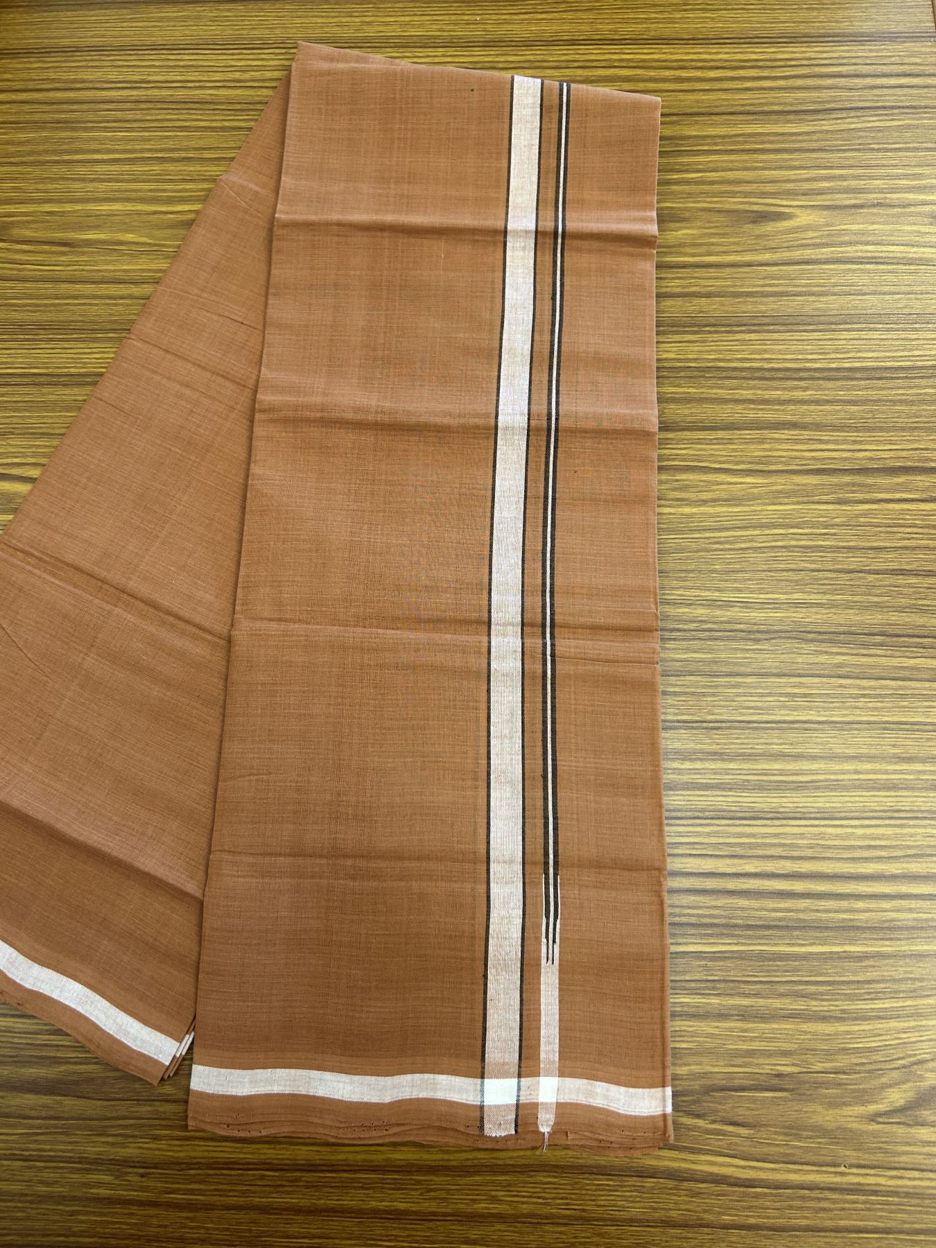 Kerala Handloom Single Hallmarked - 10% Discount !! KaithariKada 100% Pure Cotton - Mundu/Dhoti 2 cm Puliyilakkara Black & White Shaded Chutty Kara with Kavi colour Body - (2 meter / 4 muzham) - 11 KK8048 ELA