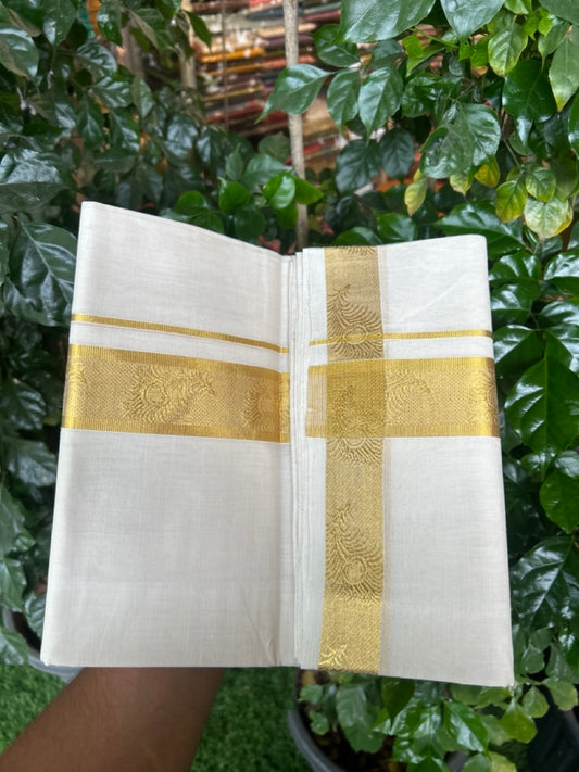 25% Discount ! Kaitharikada Handloom Unakkupaav Balaramapuram - 100% Pure Cotton Off White - (Unbleached) Double Mundu/Dhoti - 100x80 - 1.75 inch Gold Kasav Jacquard Design Kara 4 mtr (8.5 Muzham) - 22 KK5301 ABH