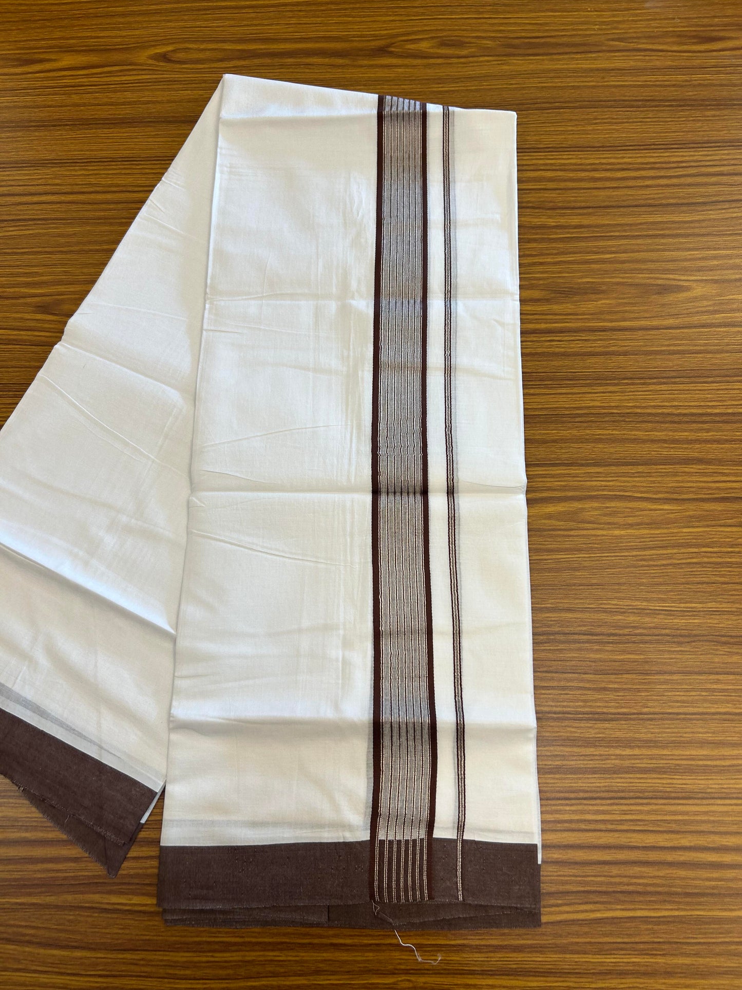 20% Discount ! KaithariKada Balaramapuram 100% Cotton Double Pure White Mundu/Dhoti - 100X80 - 1.25 inch Silver Kasav & Chocolate Brown Shaded Stripes kara 4.00 mtr (8.5 muzham) - 17 KK5361 PMC