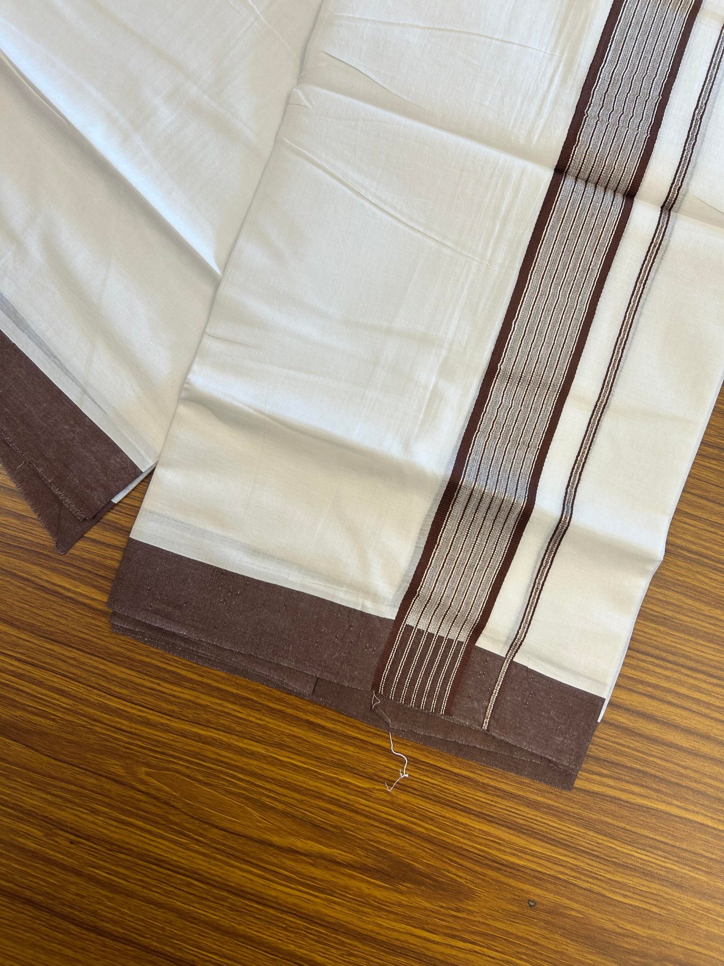 20% Discount ! KaithariKada Balaramapuram 100% Cotton Double Pure White Mundu/Dhoti - 100X80 - 1.25 inch Silver Kasav & Chocolate Brown Shaded Stripes kara 4.00 mtr (8.5 muzham) - 17 KK5361 PMC