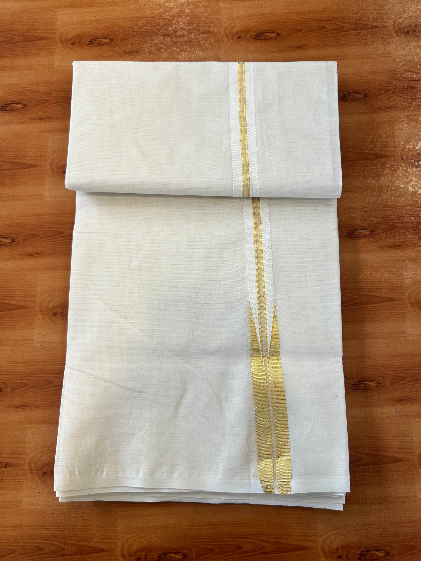 Double Off white Mundu/Dhoti - 20% Discount! KaithariKada - 100% Cotton 100x100 - 1 inch Puliyilakkara Gold Kasav Chutty Kara 4 mtr (8.5 muzham) - 16 KK5450 ASH