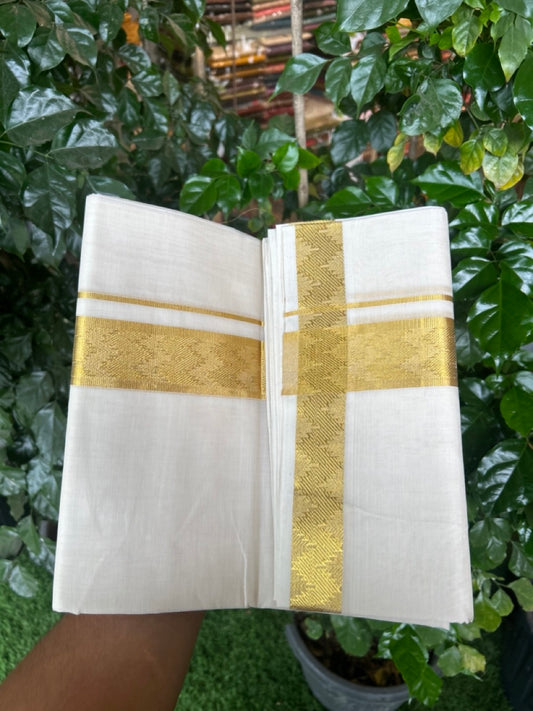 25% Discount ! Kaitharikada Handloom Unakkupaav Balaramapuram - 100% Pure Cotton Off White - (Unbleached) Double Mundu/Dhoti - 100x80 - 1.75 inch Silver & Gold Kasav Jacquard Design Kara 4 mtr (8.5 Muzham) - 19 KK5301 ABH