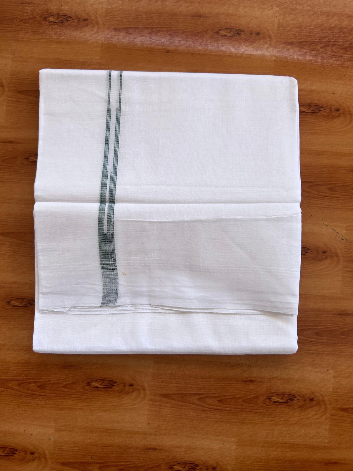 Double Pure White Mundu/Dhoti - 20% Discount !! KaithariKada Balaramapuram 100% Cotton - 100x80 - 0.5 inch Green Striped Chutty Kara 3.75 mtr (8 muzham) - 10 KK5515 CKS