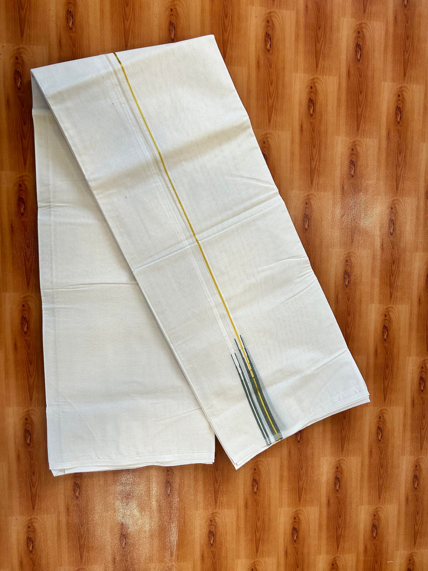 Double Off white Mundu/Dhoti - 20% Discount! KaithariKada - 100% Cotton 100x100 - 0.25 inch Puliyilakkara Gold Kasav & Olive Green Double Chutty Kara 4 mtr (8.5 muzham) - 15 KK5450 ASH