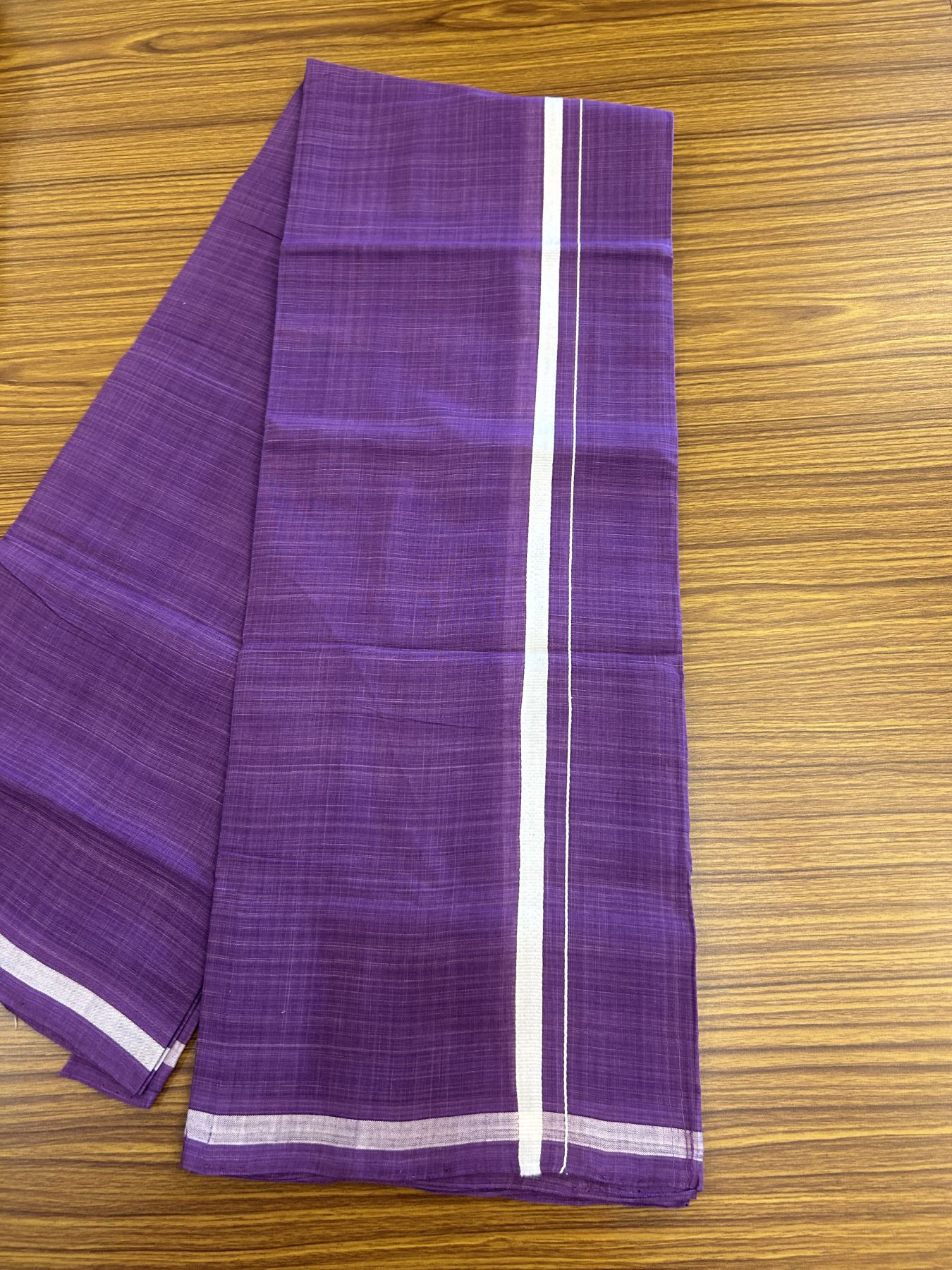 Kerala Handloom Single Hallmarked - 10% Discount !! KaithariKada 100% Pure Cotton - Mundu/Dhoti Purple Body - 1.5 cm White Kara - (2 meter / 4 muzham) - 37 KK8048 ELA