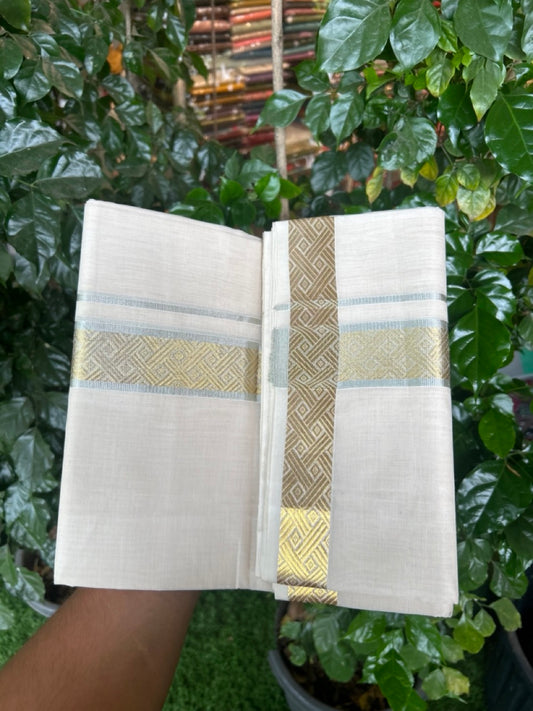 25% Discount ! Kaitharikada Handloom Unakkupaav Balaramapuram - 100% Pure Cotton Off White - (Unbleached) Double Mundu/Dhoti - 100x80 - 1.75 inch Silver & Gold Kasav Jacquard Design Kara 4 mtr (8.5 Muzham) - 19 KK5301 ABH