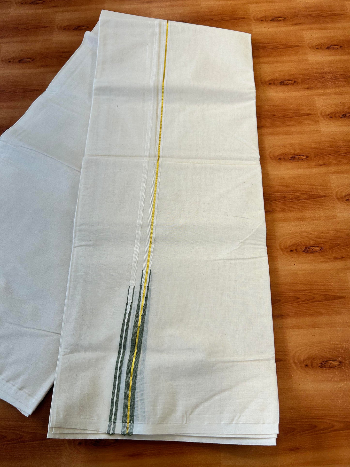 Double Off white Mundu/Dhoti - 20% Discount! KaithariKada - 100% Cotton 100x100 - 0.25 inch Puliyilakkara Gold Kasav & Olive Green Double Chutty Kara 4 mtr (8.5 muzham) - 15 KK5450 ASH