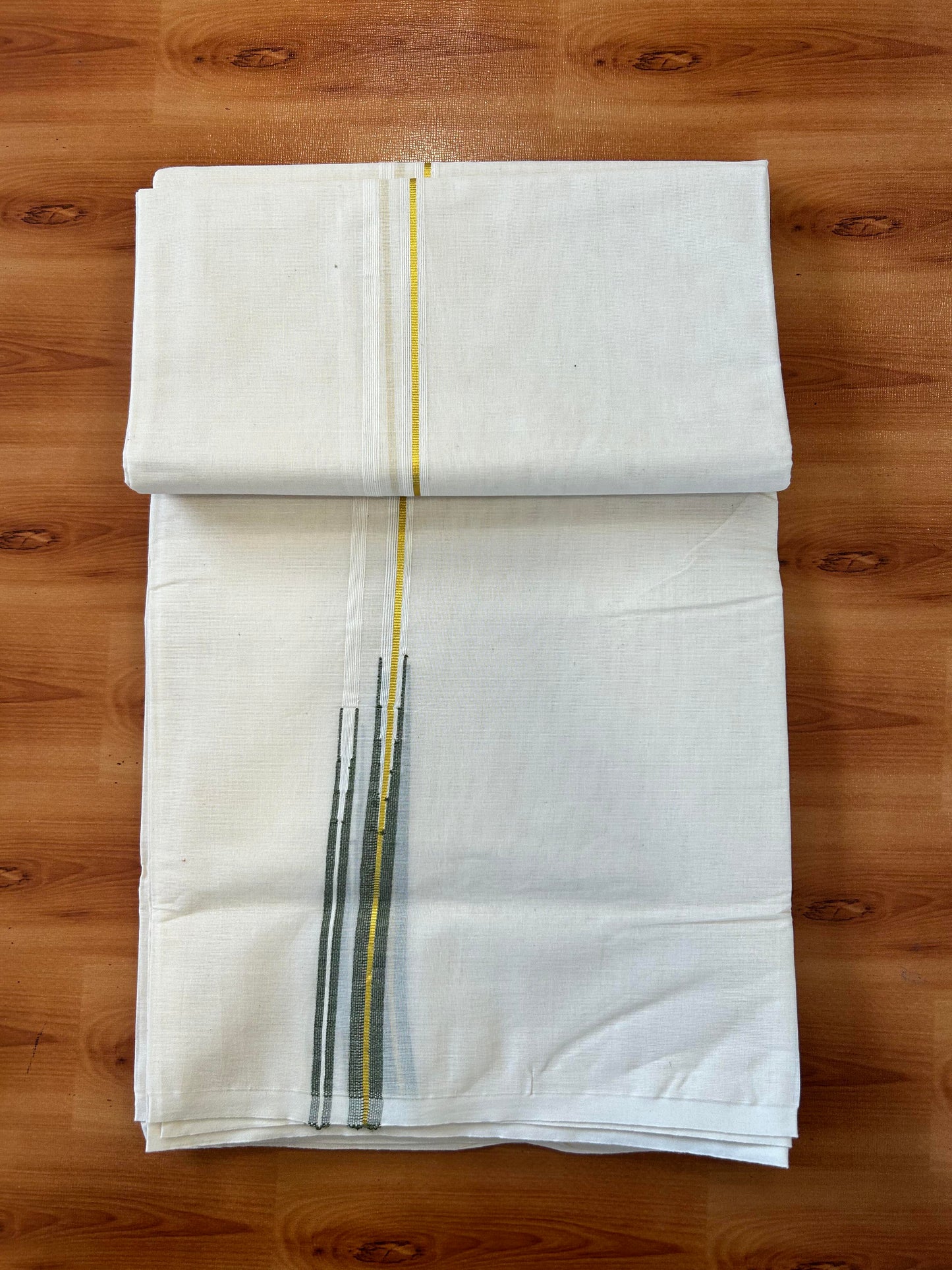 Double Off white Mundu/Dhoti - 20% Discount! KaithariKada - 100% Cotton 100x100 - 0.25 inch Puliyilakkara Gold Kasav & Olive Green Double Chutty Kara 4 mtr (8.5 muzham) - 15 KK5450 ASH