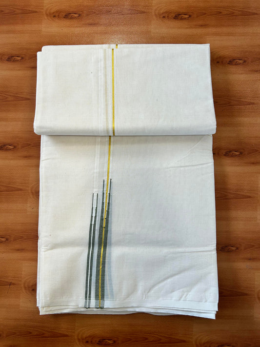 Double Off white Mundu/Dhoti - 20% Discount! KaithariKada - 100% Cotton 100x100 - 0.25 inch Puliyilakkara Gold Kasav & Olive Green Double Chutty Kara 4 mtr (8.5 muzham) - 15 KK5450 ASH