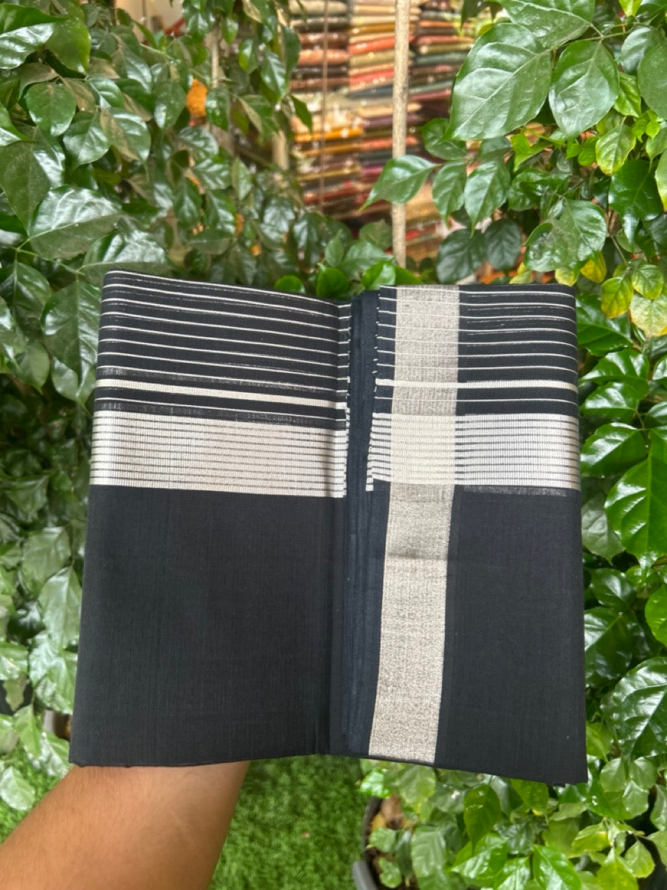 25% Discount! KaithariKada Handloom Unakkupaav Balaramapuram - 100% Cotton Double Mundu/Dhoti - Black Colour Body - 6.5 inch Silver Kasavu Striped Kara - 29 KK5301 ABH