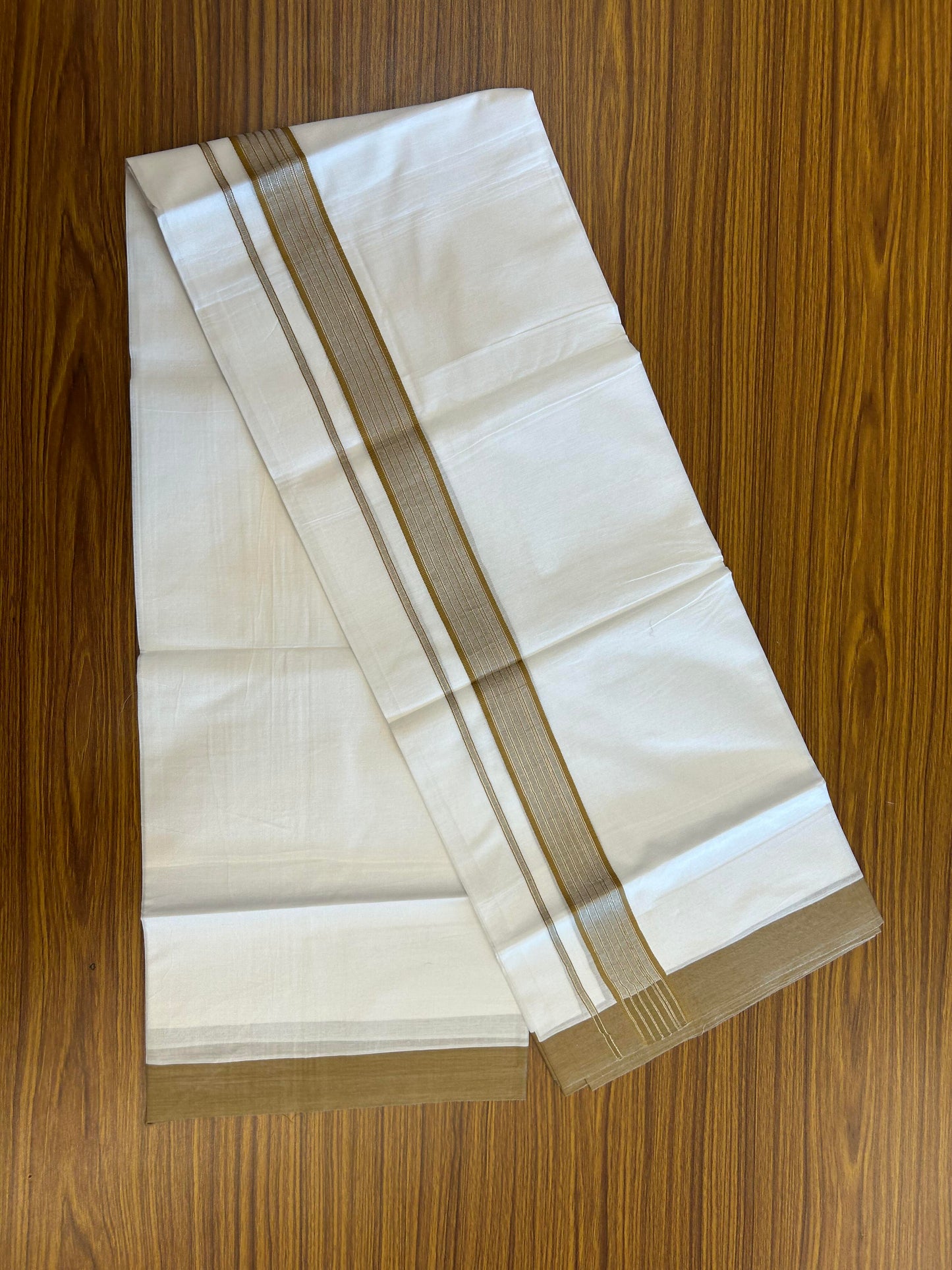 20% Discount ! KaithariKada Balaramapuram 100% Cotton Double Pure White Mundu/Dhoti - 100X80 - 1.25 inch Silver Kasav & Peanut Brown Shaded Stripes kara 4.00 mtr (8.5 muzham) - 46 KK5361 PMC