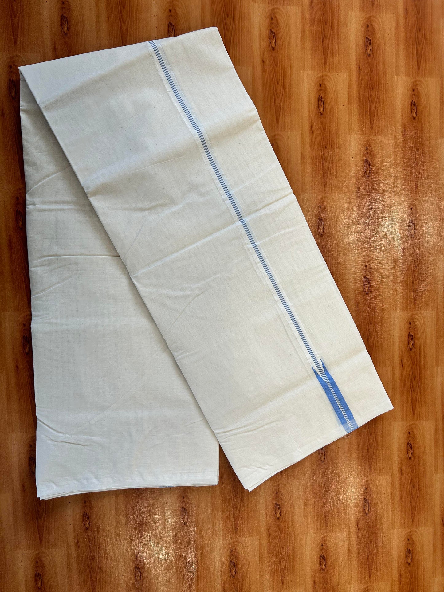 Double Off white Mundu/Dhoti - 20% Discount! KaithariKada - 100% Cotton 100x100 - 0.75 inch Puliyilakkara Light Blue Chutty Kara 4 mtr (8.5 muzham) - 14 KK5450 ASH