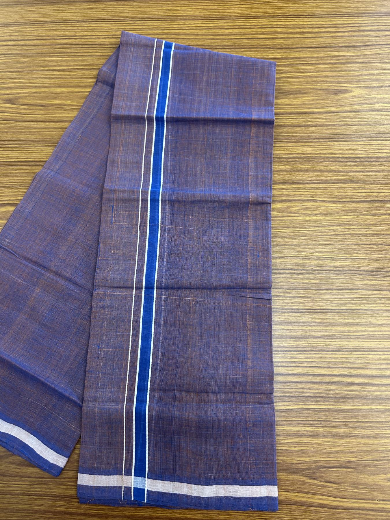 Kerala Handloom Single Hallmarked - 10% Discount !! KaithariKada 100% Pure Cotton - Mundu/Dhoti Brick Red & Blue Body - 1.5 cm Blue & white Stripes Kara - (2 meter / 4 muzham) - 45 KK8048 ELA