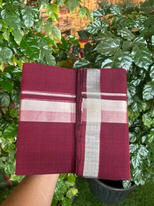 25% Discount! KaithariKada Handloom Unakkupaav Balaramapuram - 100% Cotton Double Mundu/Dhoti - Dark Maroon Colour Body - 2 inch Silver Kasavu Kara - 31 KK5301 ABH