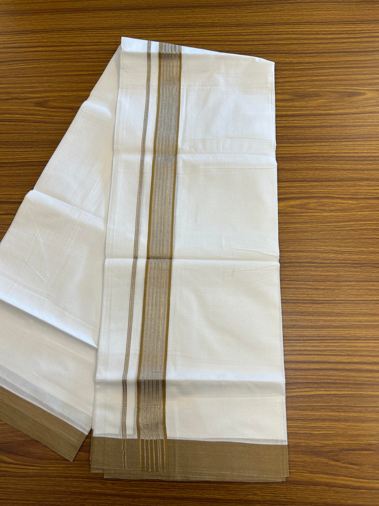 20% Discount ! KaithariKada Balaramapuram 100% Cotton Double Pure White Mundu/Dhoti - 100X80 - 1.25 inch Silver Kasav & Peanut Brown Shaded Stripes kara 4.00 mtr (8.5 muzham) - 46 KK5361 PMC